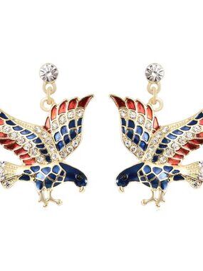 Black and White Austrian Crystal and Enameled Eagle Earrings in Goldtone NWOT